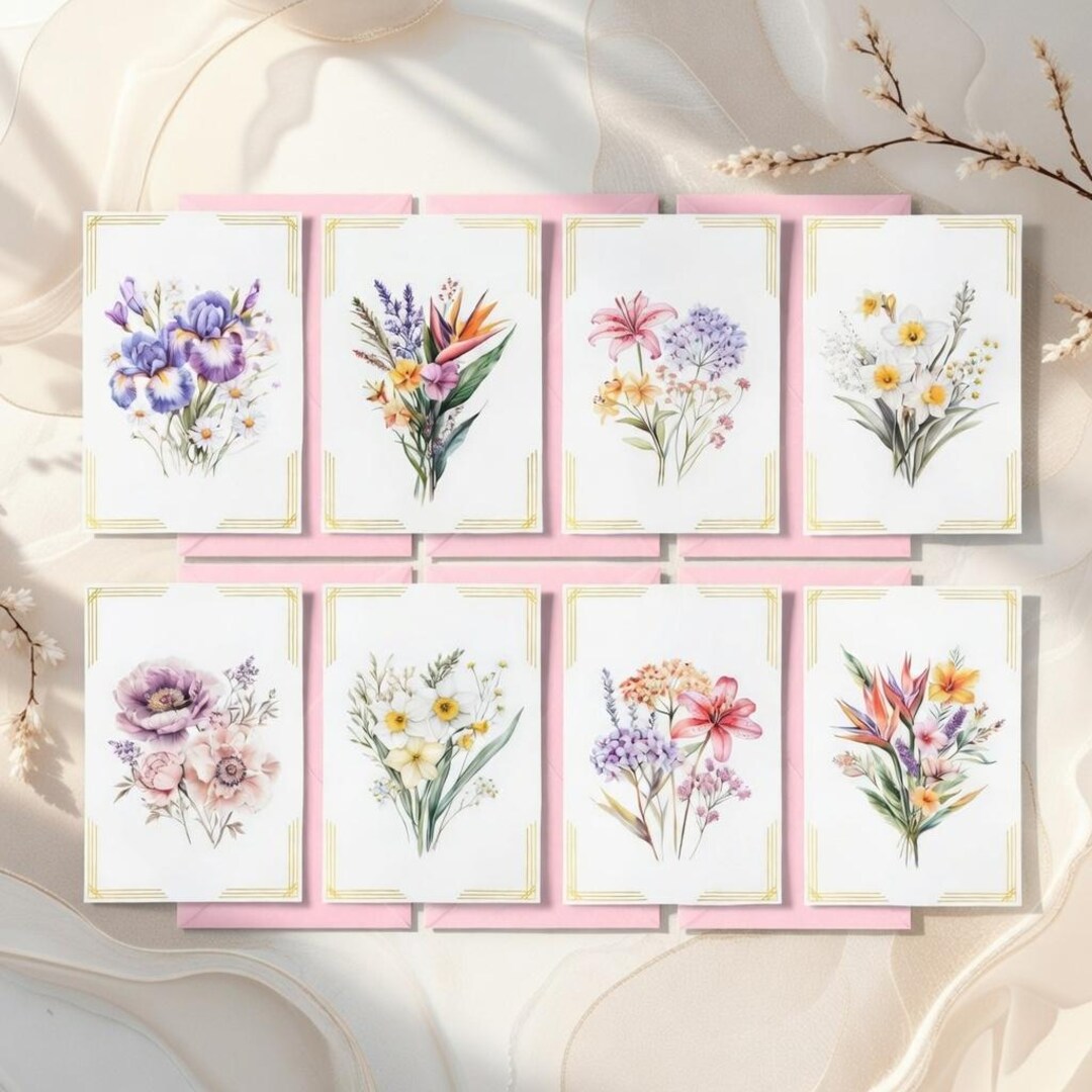 Floral Symphony Greeting Card Set of 8pcs, Blank Inside for All ...