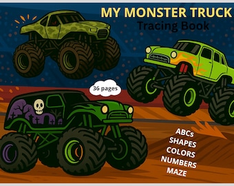 May include: A children's tracing book titled "MY MONSTER TRUCK Tracing Book" featuring illustrations of three monster trucks in green and camouflage. The book includes 36 pages and educational content such as ABCs, shapes, colors, numbers, and a maze.