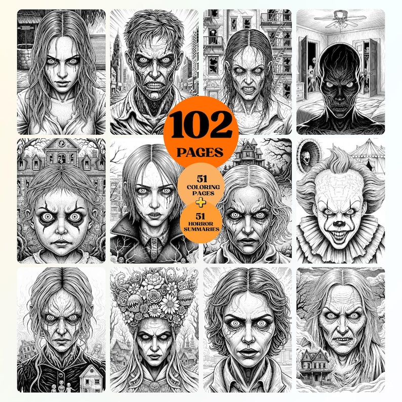 Op de afbeelding: Een zwart-wit illustratie van een horror kleurboek. De cover toont meerdere portretten van enge figuren, waaronder zombies en een clown. Het boek heeft 102 pagina's, met 51 kleurplaten en 51 horror samenvattingen.