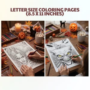 Op de afbeelding: Twee kleurplaten van Letter-formaat (21,6 x 27,9 cm), met gedetailleerde Halloween-illustraties. E&eacute;n toont een vrouw, de andere een monster. Kleurpotloden en Halloween-decoraties omringen de pagina's.