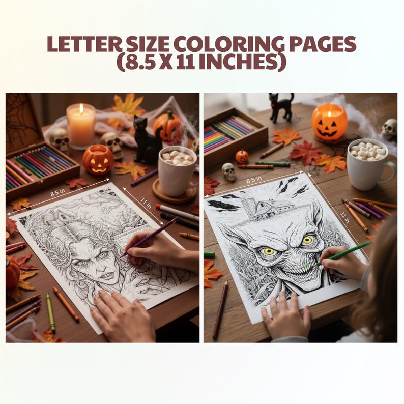 Op de afbeelding: Twee kleurplaten van Letter-formaat (21,6 x 27,9 cm), met gedetailleerde Halloween-illustraties. E&eacute;n toont een vrouw, de andere een monster. Kleurpotloden en Halloween-decoraties omringen de pagina's.