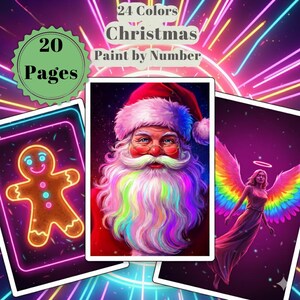 May include: A colourful image of a Christmas paint-by-number set. The set includes 20 pages and 24 colours. The artwork features Santa Claus with a rainbow beard, a gingerbread man, and an angel with rainbow wings. The background is a neon explosion.
