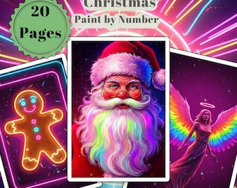 May include: A vibrant image showcasing a Christmas-themed paint-by-number set. The set includes 20 pages and 24 colors. The artwork features Santa Claus with a colorful beard, a gingerbread man, and an angel with rainbow wings. The background is a neon explosion.