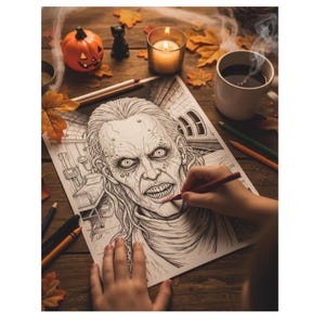 Op de afbeelding: Een Halloween-thema met een kleurboek met een gedetailleerde zombie-illustratie. Een persoon kleurt de lippen van de zombie met een rode potlood. De sc&egrave;ne omvat een brandende kaars, een pompoen, een kop koffie en herfstbladeren op een houten oppervlak.