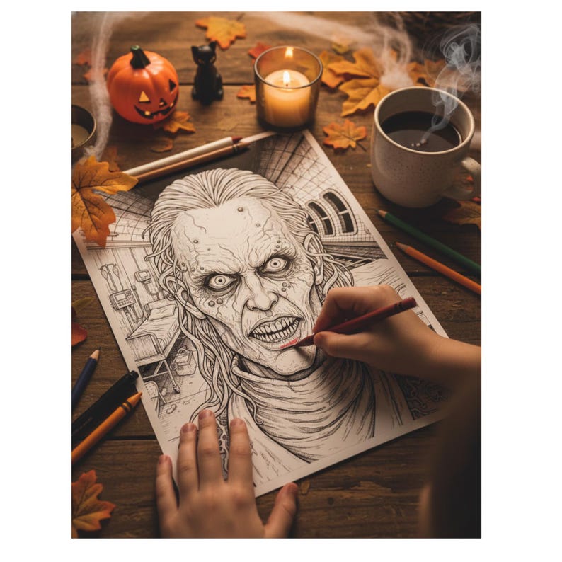 Op de afbeelding: Een Halloween-thema met een kleurboek met een gedetailleerde zombie-illustratie. Een persoon kleurt de lippen van de zombie met een rode potlood. De sc&egrave;ne omvat een brandende kaars, een pompoen, een kop koffie en herfstbladeren op een houten oppervlak.
