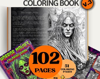 Op de afbeelding: Een horrorfilms kleurboek met de tekst "HORROR MOVIES COLORING BOOK V.3". Het boek bevat 102 pagina's, 51 kleurplaten en 51 horror samenvattingen. De cover bevat een groenhuidige zombie en een grijswaarden illustratie van een enge vrouw.