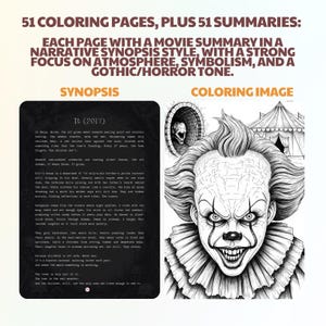 Op de afbeelding: Een zwart-wit kleurplaat met een gedetailleerde illustratie van een dreigende clown met een sinistere grijns. De pagina maakt deel uit van een collectie met filmsamenvattingen en een gothic/horror thema.