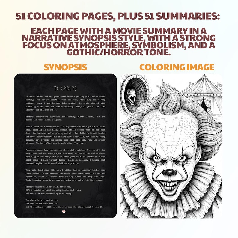 Op de afbeelding: Een zwart-wit kleurplaat met een gedetailleerde illustratie van een dreigende clown met een sinistere grijns. De pagina maakt deel uit van een collectie met filmsamenvattingen en een gothic/horror thema.