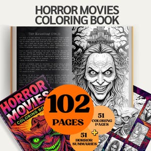 Op de afbeelding: Een kleurboek met horrormovies met de titel op de omslag. Het boek is open op een pagina met een zwart-wit illustratie van een eng gezicht. Het boek bevat 102 pagina's, 51 kleurplaten en 51 horror samenvattingen.