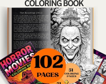 Spooky Horror Coloring Book for Adults | 102 Pages | Creepy Movie Scenes + Summaries | Instant Digital Download (PDF + PNG)