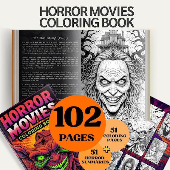 Spooky Horror Coloring Book for Adults | 102 Pages | Creepy Movie Scenes + Summaries | Instant Digital Download (PDF + PNG)