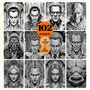 Op de afbeelding: Een verzameling zwart-wit illustraties van klassieke horrorpersonages, waaronder vampiers en weerwolven. De afbeelding bevat de tekst "102 pagina's", "51 kleurplaten" en "51 horror samenvattingen".
