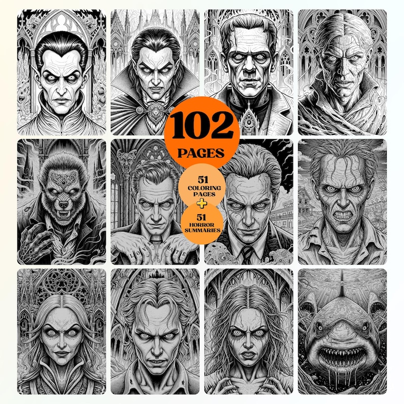 Op de afbeelding: Een verzameling zwart-wit illustraties van klassieke horrorpersonages, waaronder vampiers en weerwolven. De afbeelding bevat de tekst "102 pagina's", "51 kleurplaten" en "51 horror samenvattingen".