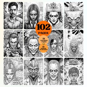 Op de afbeelding: Een zwart-wit kleurboek met 102 pagina's, met 51 kleurplaten en 51 horror samenvattingen. De illustraties tonen diverse griezelige personages en sc&egrave;nes, perfect voor horrorliefhebbers.