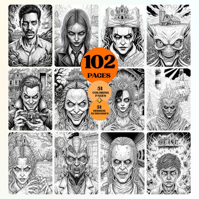 Op de afbeelding: Een zwart-wit kleurboek met 102 pagina's, met 51 kleurplaten en 51 horror samenvattingen. De illustraties tonen diverse griezelige personages en sc&egrave;nes, perfect voor horrorliefhebbers.