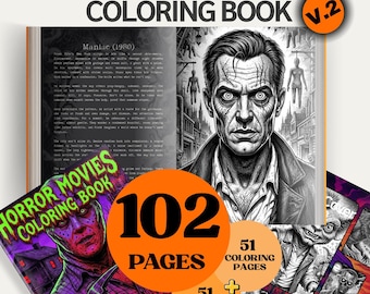 Op de afbeelding: Een kleurboek voor horrorfilms met de tekst "HORROR MOVIES COLORING BOOK" en "V.2". Het boek bevat 102 pagina's, 51 kleurplaten en 51 horror samenvattingen. De cover toont een mannengezicht en andere horrorfilm afbeeldingen.