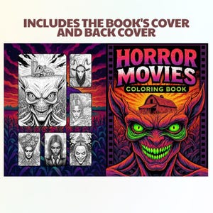 Op de afbeelding: Een kleurboek getiteld "HORROR MOVIES" met een levendige cover met een demonisch wezen. Het boek bevat de cover en achterkant, samen met verschillende zwart-wit illustraties van monsters en sc&egrave;nes. De tekst "INCLUDES THE BOOK'S COVER AND BACK COVER" is zichtbaar.