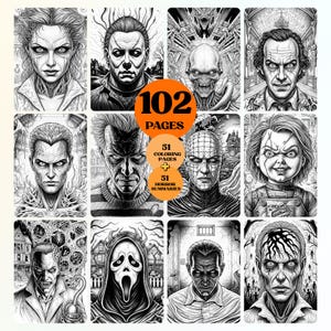 Op de afbeelding: Een zwart-wit kleurboek met portretten van horrorfilmkarakters. Het boek heeft 102 pagina's, waaronder 51 kleurplaten en 51 horror samenvattingen. De cover bevat afbeeldingen van iconische horrorfiguren.