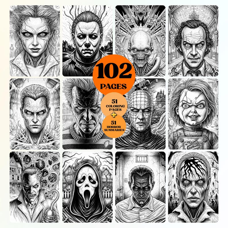Op de afbeelding: Een zwart-wit kleurboek met portretten van horrorfilmkarakters. Het boek heeft 102 pagina's, waaronder 51 kleurplaten en 51 horror samenvattingen. De cover bevat afbeeldingen van iconische horrorfiguren.