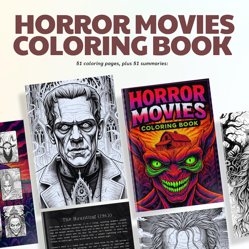 Op de afbeelding: Een "Horror Movies Coloring Book" met 51 kleurplaten en samenvattingen. De omslag toont een monster met groene ogen en een rood gezicht. Andere pagina's tonen illustraties van monsters en de tekst "The Haunting (1963)".