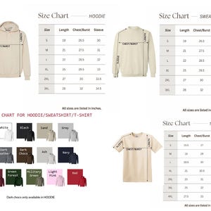 K&ouml;nnte beinhalten: Eine Gr&ouml;&szlig;entabelle f&uuml;r Hoodies, Sweatshirts und T-Shirts. Die Tabelle enth&auml;lt Ma&szlig;e f&uuml;r L&auml;nge, Brust/Burst und &Auml;rmel in Zoll. Eine Farbtabelle zeigt verf&uuml;gbare Farben, darunter Wei&szlig;, Schwarz, Sand, Grau und andere.