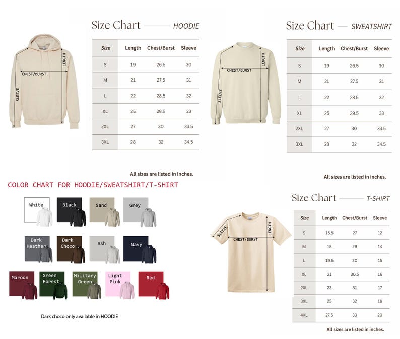 K&ouml;nnte beinhalten: Eine Gr&ouml;&szlig;entabelle f&uuml;r Hoodies, Sweatshirts und T-Shirts. Die Tabelle enth&auml;lt Ma&szlig;e f&uuml;r L&auml;nge, Brust/Burst und &Auml;rmel in Zoll. Eine Farbtabelle zeigt verf&uuml;gbare Farben, darunter Wei&szlig;, Schwarz, Sand, Grau und andere.
