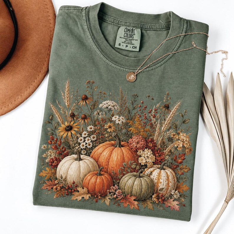 May include: An olive green t-shirt featuring a graphic print of four pumpkins surrounded by wheat, wildflowers, and autumn leaves. The shirt has a Comfort Colors brand label at the neckline and is displayed with a gold necklace chain.