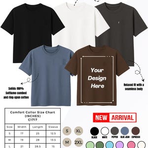 May include: Five short-sleeve t-shirts in black, white, dark grey, blue, and brown. Features include a classic-width rib collar with topstitch and a relaxed fit with a seamless body. A size chart in inches is provided for sizes S through 3XL.