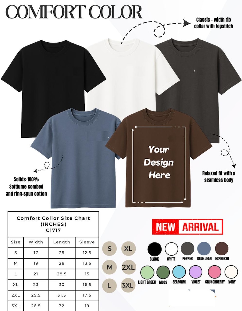 May include: Five short-sleeve t-shirts in black, white, dark grey, blue, and brown. Features include a classic-width rib collar with topstitch and a relaxed fit with a seamless body. A size chart in inches is provided for sizes S through 3XL.