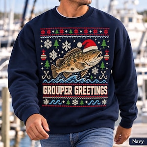 Grouper Greetings Christmas Sweatshirt, Retro Grouper Ugly Sweater Graphic, Reef Fishing Crewneck