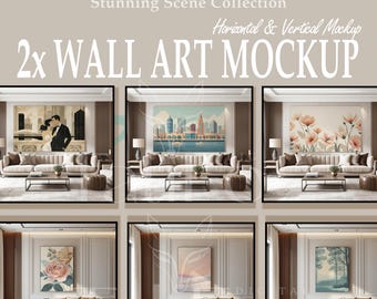 2x Eleganter Stil | Minimalistisches Wohnzimmer | Druck Mockup | Fotografie Mockup | Druckaufsteller | Smart Objekt Vorlage | PSD Bilderrahmen Mockup