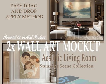 2x Eleganter Stil | Minimalistisches Wohnzimmer | Druck Mockup | Fotografie Mockup | Druckaufsteller | Smart Objekt Vorlage | PSD Bilderrahmen Mockup