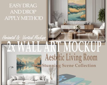 2x Eleganter Stil | Minimalistisches Wohnzimmer | Druck Mockup | Fotografie Mockup | Druckaufsteller | Smart Objekt Vorlage | PSD Bilderrahmen Mockup