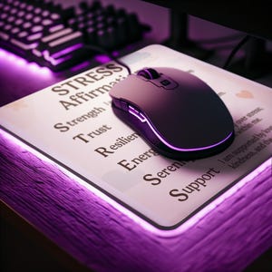 May include: A black computer mouse rests on a white mousepad with the words "STRESS Affirmations" and other affirmations printed on it. The mousepad has a purple LED light around the edges. A keyboard is visible in the background.