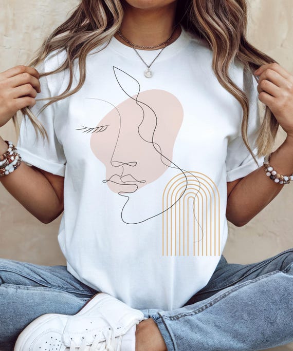 Minimalistisches Line Art T-Shirt – Abstraktes Gesicht Design – Modernes Boho Damen Shirt – Ästhetische Kunst Illustration