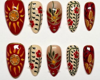 Mexican Folk Art Sun and Floral Press On Nails | Red Hand Painted & Reusable Nails