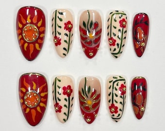 Mexican Folk Art Sun and Floral Press On Nails | Red Hand Painted & Reusable Nails