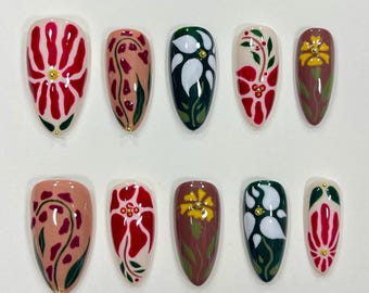 Mexican Folk Art Floral Press On Nails | Colorful Hand Painted & Reusable Nails