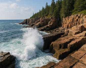 May include: Coastal landscape featuring a rocky shoreline with a crashing wave. Brown cliffs are topped with a dense forest of green pine trees. The ocean is a deep blue under a partly cloudy sky.