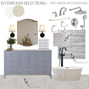 Puede incluir: Un tablero de inspiración para baño con un mueble de lavabo azul, un espejo festoneado, dos apliques de pared, toallas blancas y grifería plateada. Incluye muestras de azulejos y una bañera blanca exenta de diseño moderno.