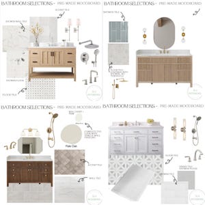May include: A mood board presenting bathroom design ideas. The image displays different bathroom vanities, tile samples, and fixtures, such as showerheads, taps, and lighting. The colour scheme features neutral tones with wood and white elements. Text includes "Bathroom Selections - Pre-Made Moodboard".