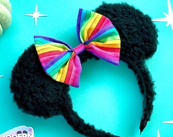 Rainbow Mouse Ears, Black Furry Mouse Ears, Gay Pride Mouse Ears, LGBTQ Mouse Ears, LGBT+ Mouse Ears, Fuzzy Mouse Ears, Mouse Ear Headband