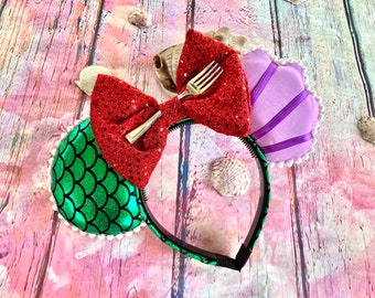 Mermaid Mouse Ears with Bow and Little Fork, Princess Mouse Ear Headband, Classic Fairytale for Women, Seashell, Scales, Green, Red, Purple