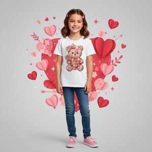 May include: A white t-shirt with a teddy bear design holding a rose and the word "Love". The teddy bear has a pink and red plaid pattern. The background includes red and pink paper hearts and arrows.