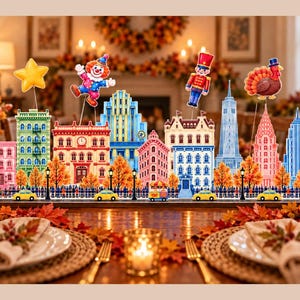 Peut inclure: Un centre de table décoratif représentant une ligne d'horizon urbaine avec des bâtiments illustrés colorés, des lampadaires et des taxis jaunes. L'ensemble inclut des découpes sur bâtonnets d'une étoile, d'un clown, d'un soldat et d'une dinde.