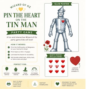Könnte beinhalten: Ein "Pin the Heart on the Tin Man" Party-Spiel zum Zauberer von Oz. Das Poster ist 30,5 x 45,7 cm groß und zeigt die Figur des Blechmanns. Enthält Anweisungen, rote Herzen und ist für Geburtstagsfeiern und Oz-Themenfeiern konzipiert.