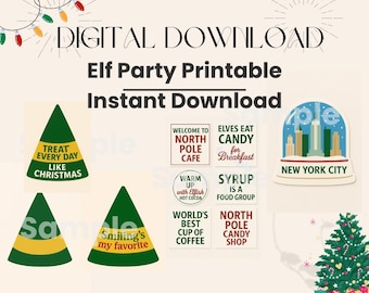 Elf Party Printable Decor Bundle | Elf Hats, Signs & Snowglobe | Buddy the Elf Breakfast Decor | Instant Download