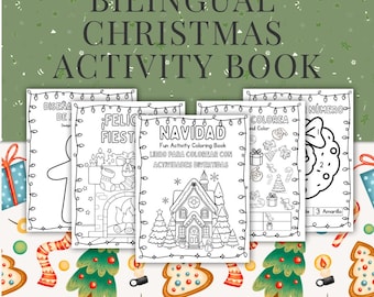 Może przedstawiać: Zestaw czarno-białych książek z aktywnościami świątecznymi zatytułowanych "Bilingual Christmas Activity Book". Książki zawierają świąteczne ilustracje, w tym domek z piernika, choinkę i ozdoby. U góry znajduje się napis "Instant Download".