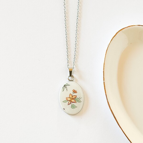 Orange Floral Necklace • Unique Birthday or Mother's Day Gift for a Flower Lover • Broken China Necklace made from Vintage Aynsley China
