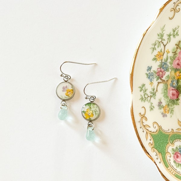 Dainty Pastel Flower Earrings | Foley China Earrings | Broken China Jewelry | Vintage Porcelain Jewelry | Dainty Earrings | Delicate Jewelry